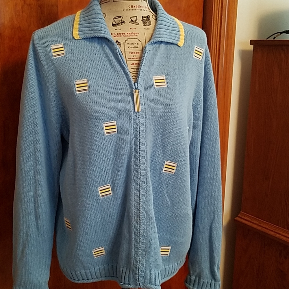 Blue and yellow zip front cardigan